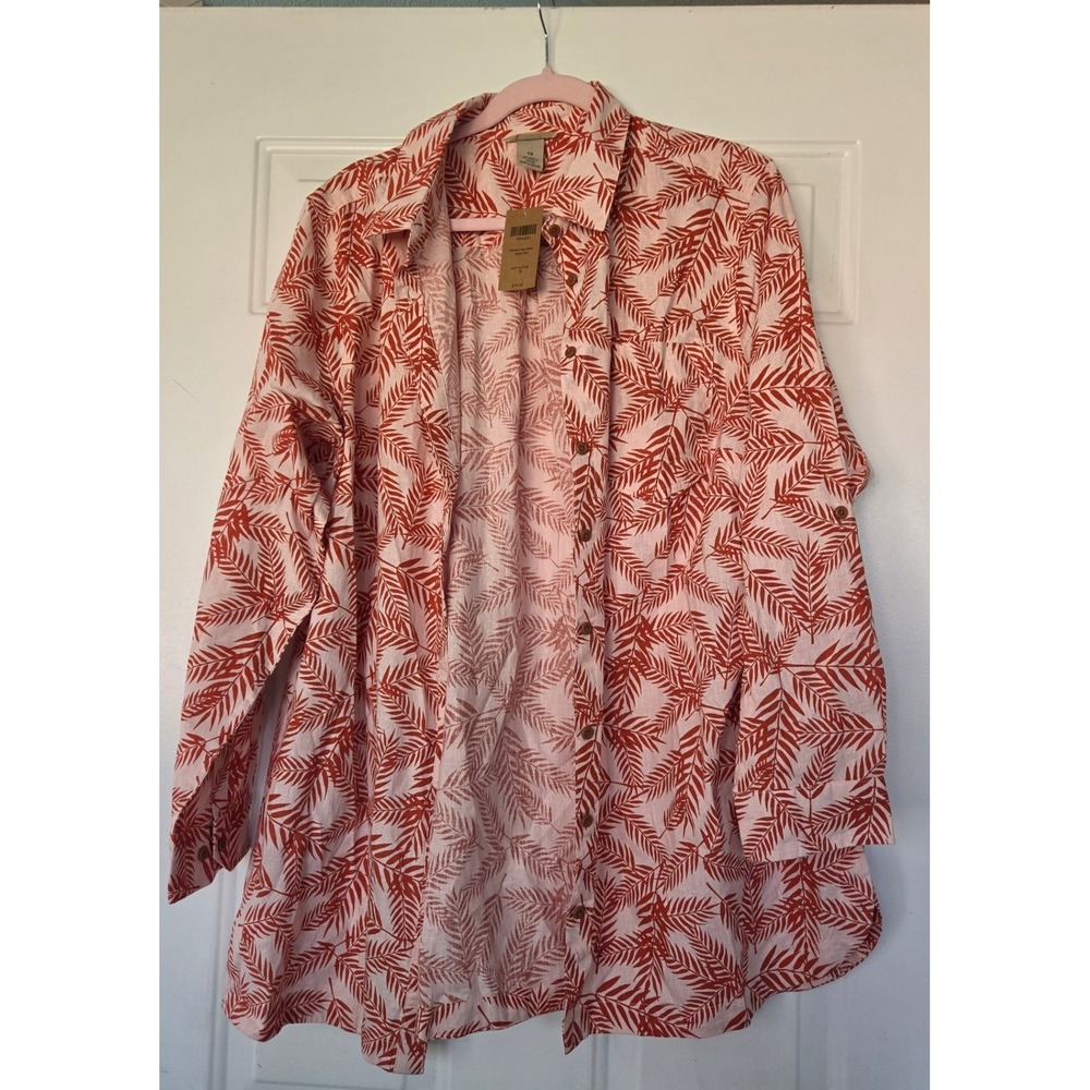 Duluth Trading Co Womens 1X Hemp Organic Cotton Palm Print Button Down Blouse